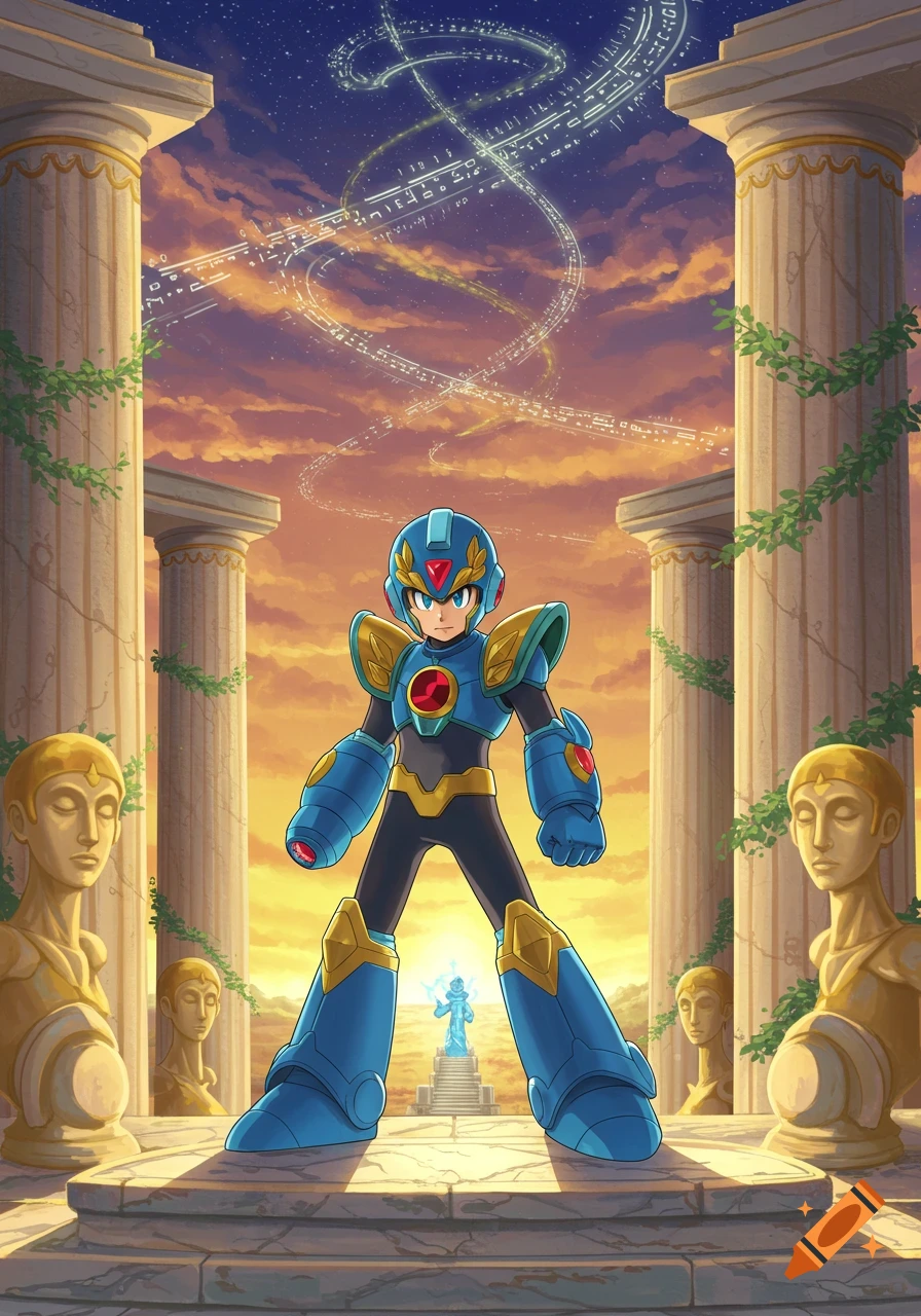 Mega Man X stands on a Greek temple platform at sunset, with glowing script swirling in the starry sky.