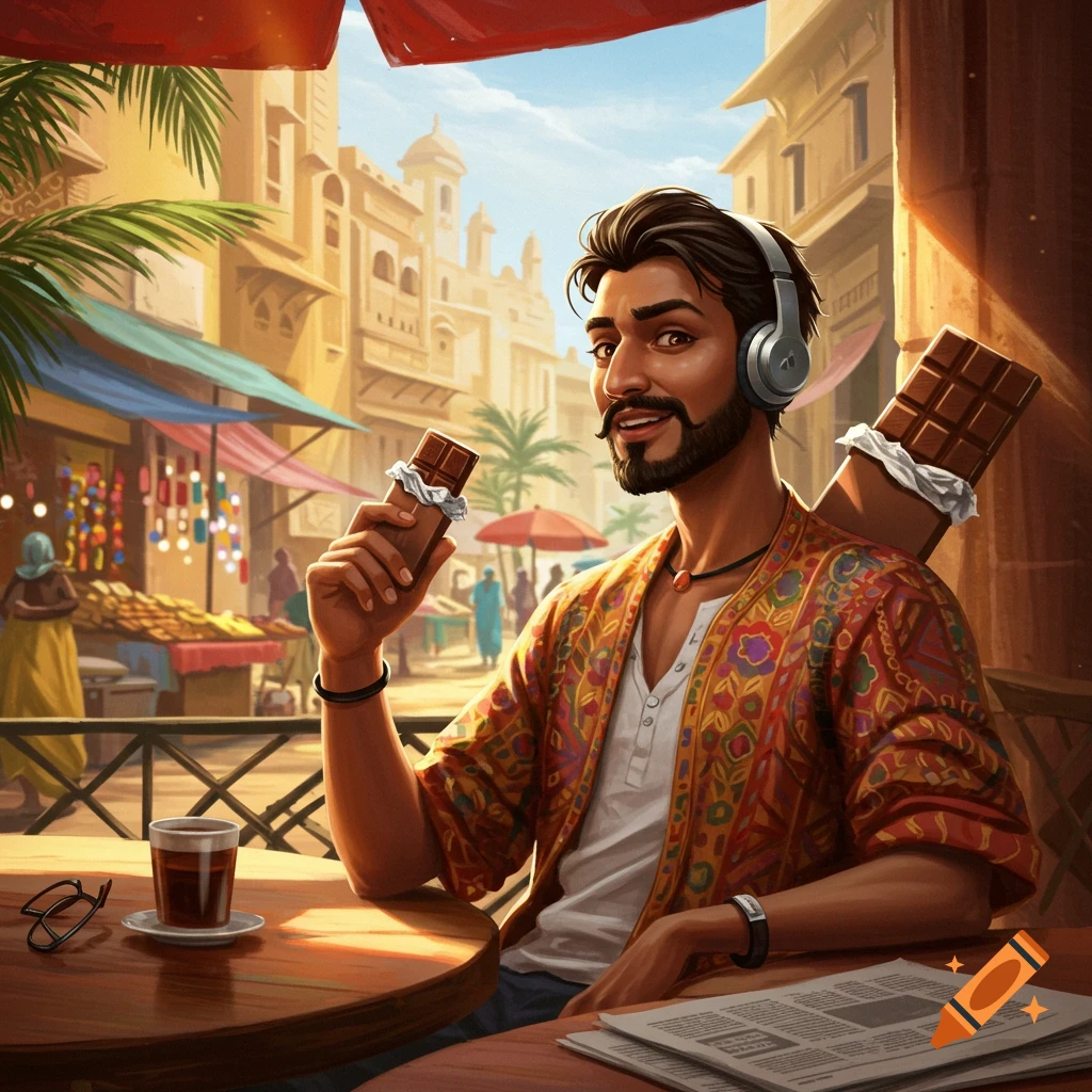 A smiling man with headphones and a beard holds a chocolate bar, sitting at a cafe table in a bustling market street.