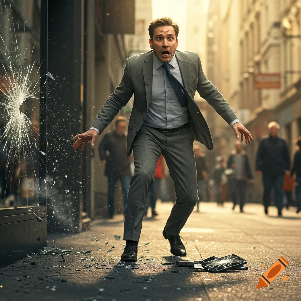 A shocked man in a suit stands on a city street in front of a broken shop window with glass scattering and a broken phone on the ground.