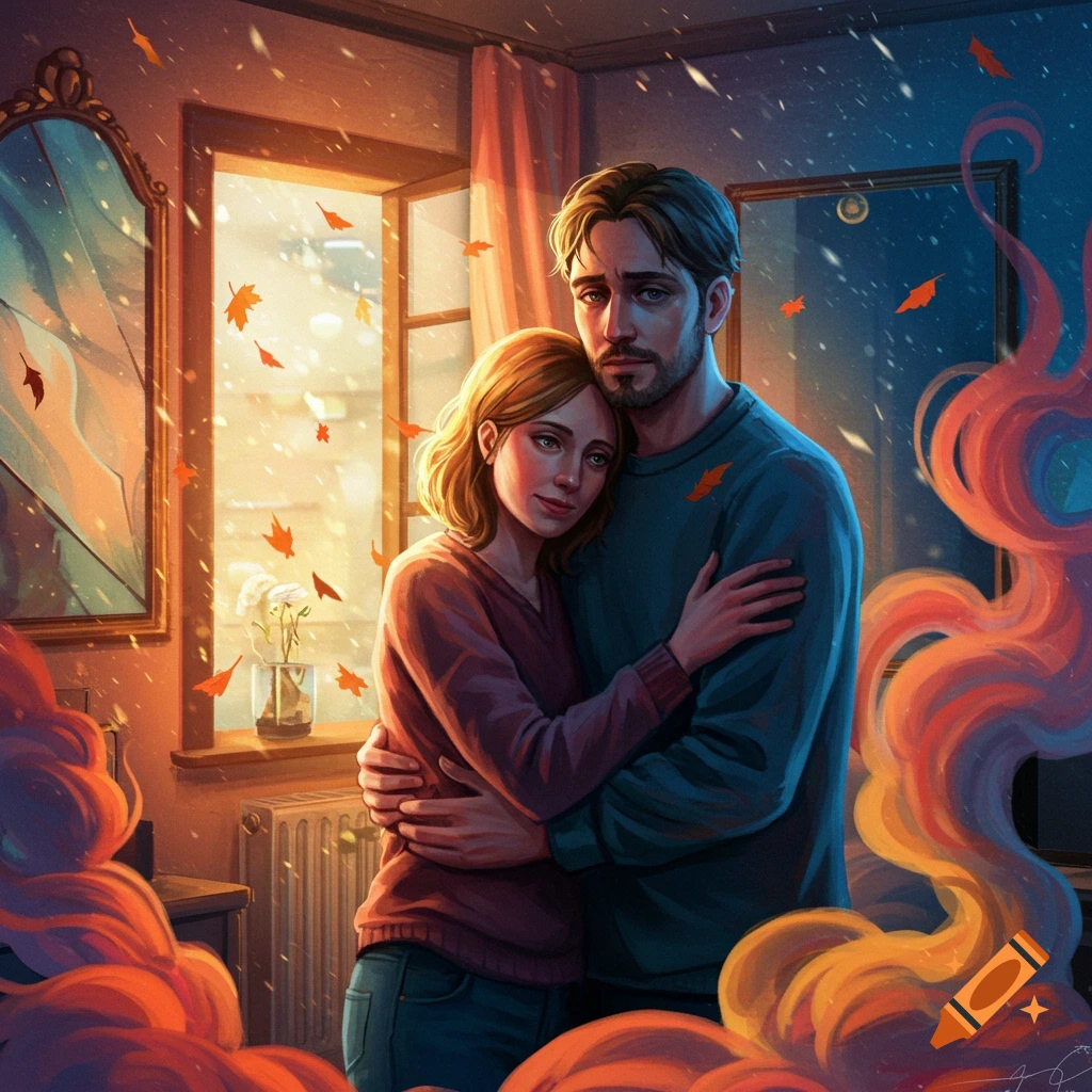 An illustrated couple embraces in a sunlit room with autumn leaves and dramatic swirling colors.