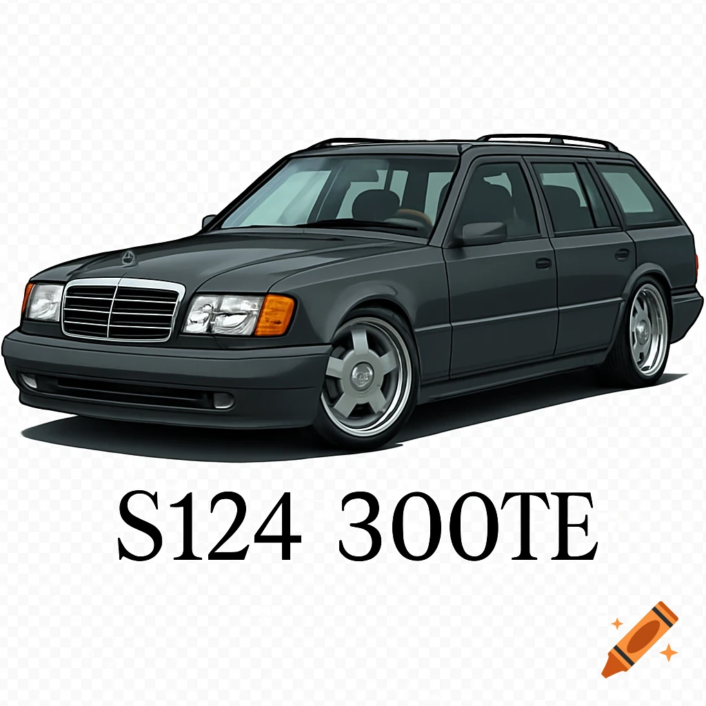 Digital illustration of a dark grey Mercedes-Benz S124 300TE station wagon with custom wheels and text on a transparent background.