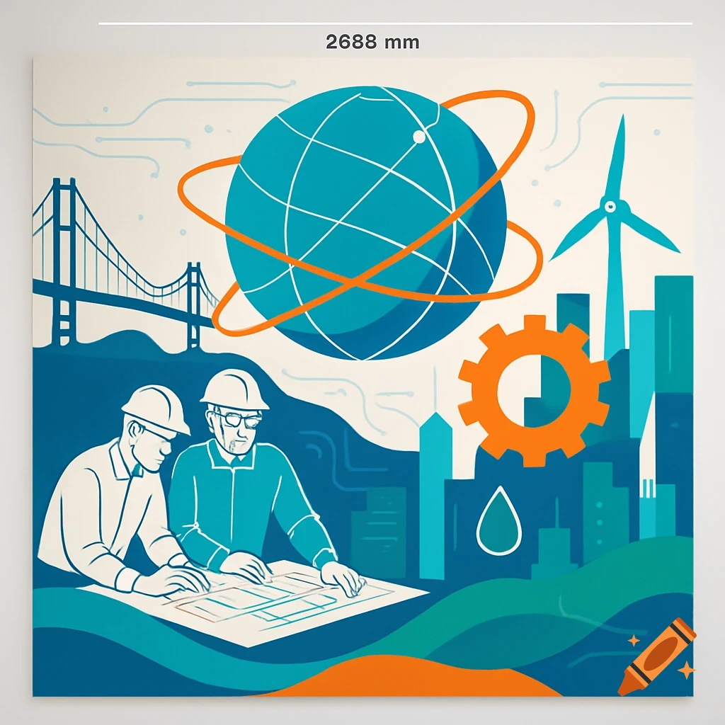 Modern flat-color illustration of two engineers reviewing blueprints, with a globe, bridge, skyscrapers, and wind turbine.