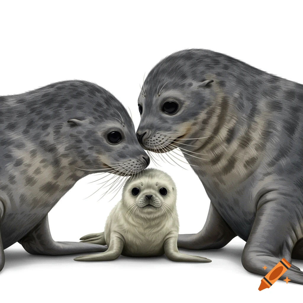 An illustration of two adult grey seals affectionately nuzzling a small, fluffy white baby seal on a white background.