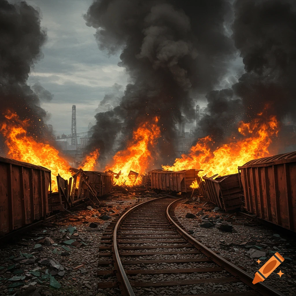 Photorealistic image of a train derailment with freight cars engulfed in flames and thick black smoke under a gloomy sky.