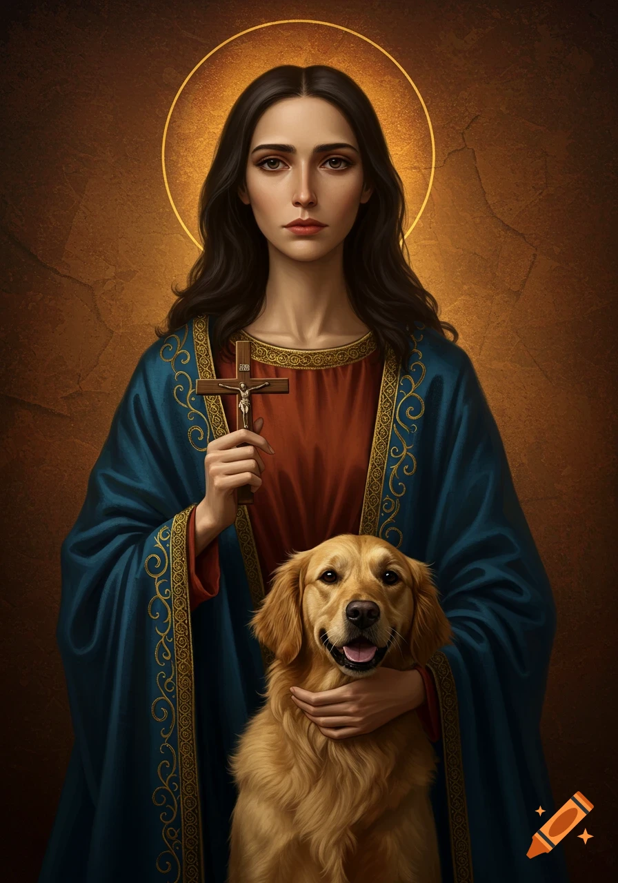 A woman in blue and red robes holds a crucifix while petting a golden retriever, depicted in a traditional religious icon style.