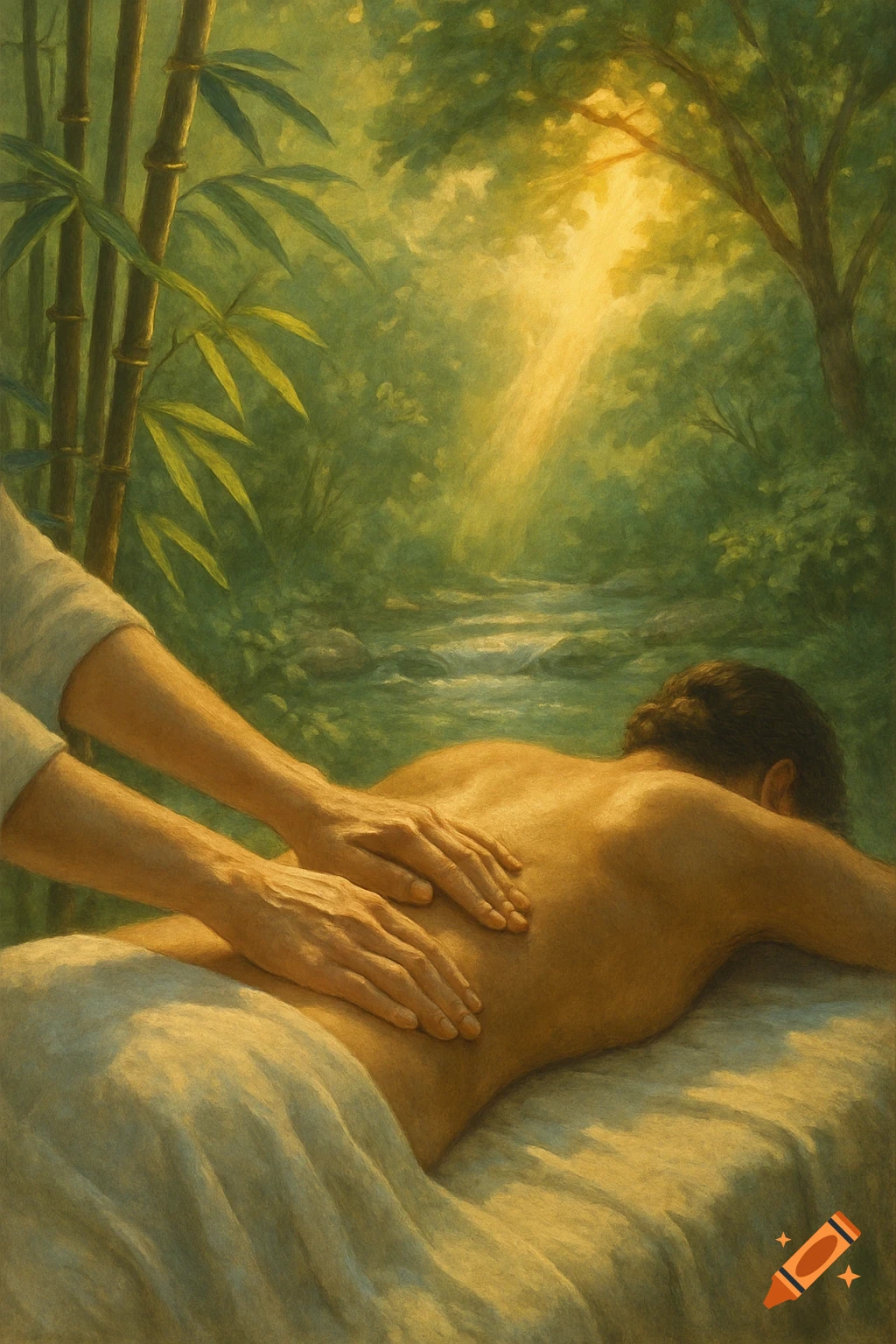 A person receives a back massage in a lush, sunlit forest with bamboo and a stream, rendered in a painterly style.