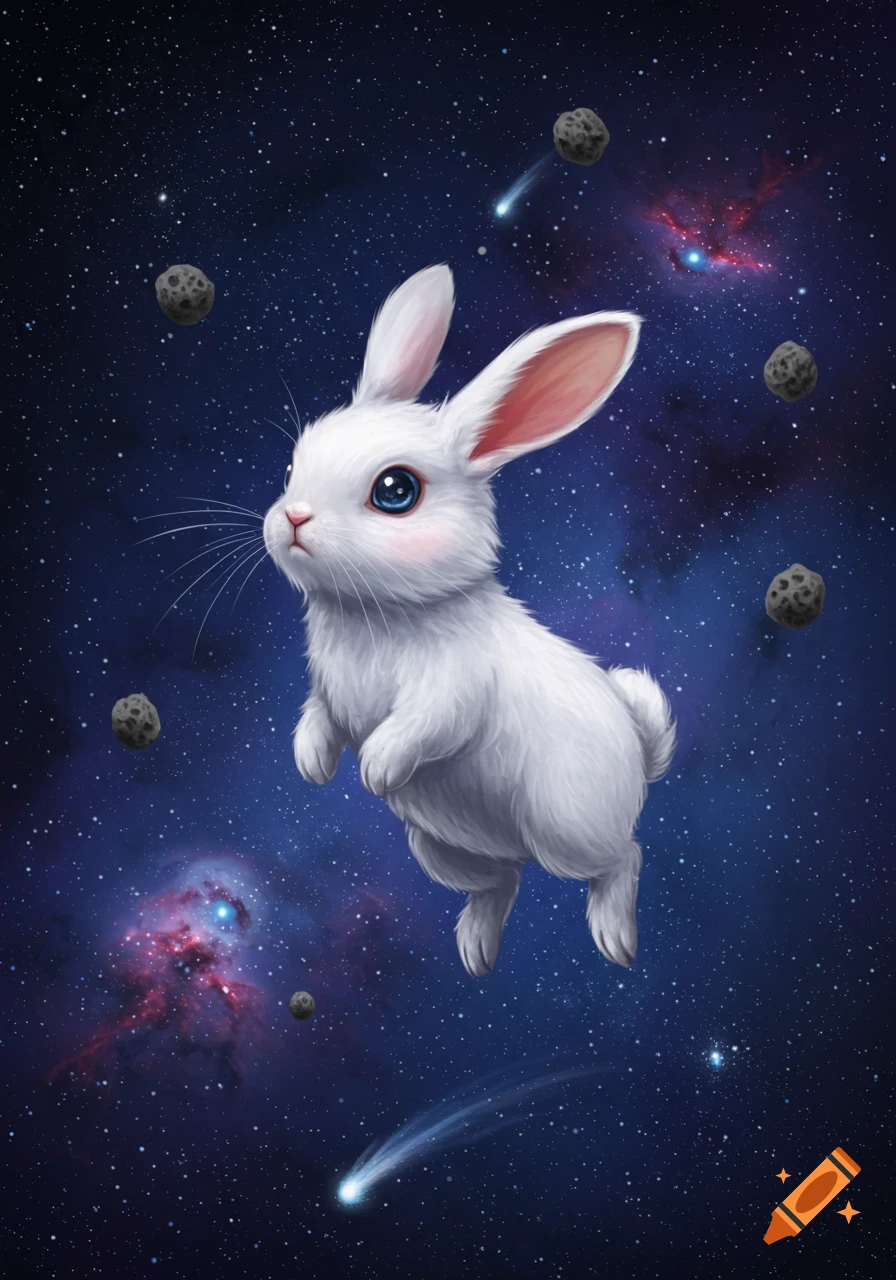 A cute white rabbit floats in deep space with stars, colorful nebulae, asteroids, and a glowing comet, digital art.