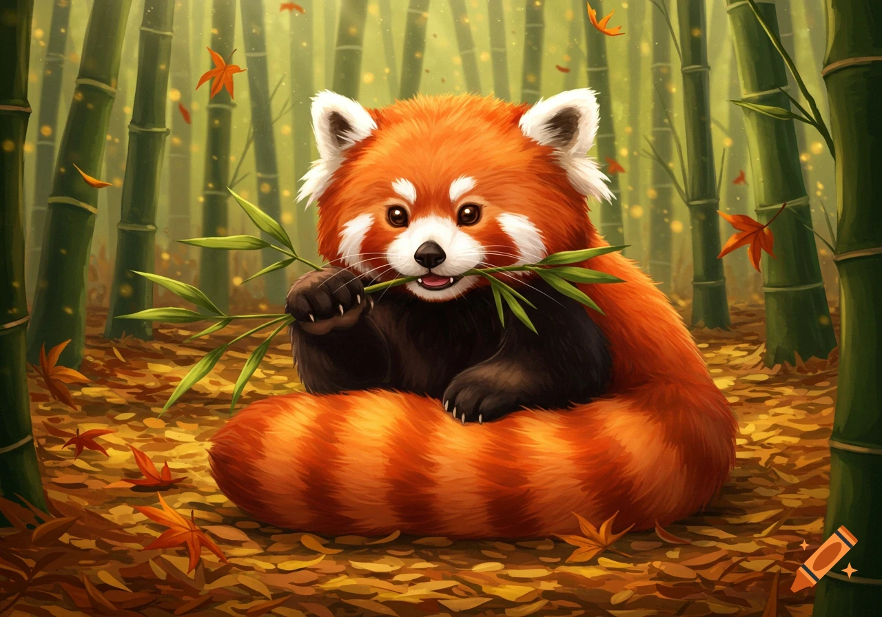 A cute, fluffy red panda sits in a bamboo forest, munching on a branch of bamboo leaves, surrounded by fallen autumn leaves. Illustrated style.