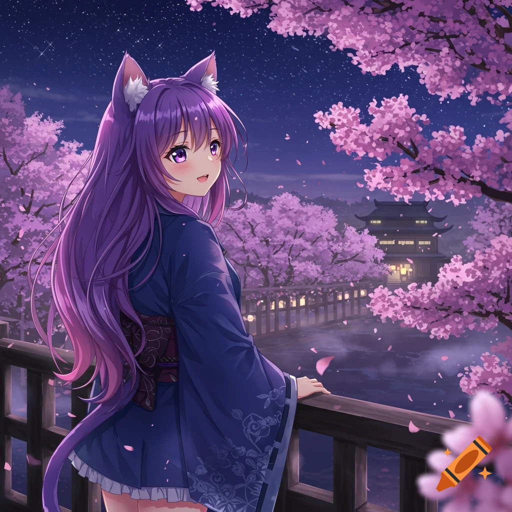Anime cat girl with long purple hair and ears in a kimono, on a bridge surrounded by glowing pink cherry blossoms at night.