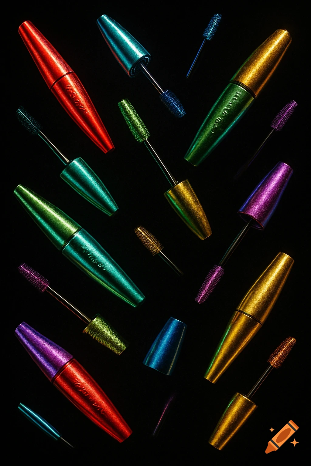 Multiple shimmering, colorful mascara tubes and wands are scattered on a dark background in a flat lay composition.