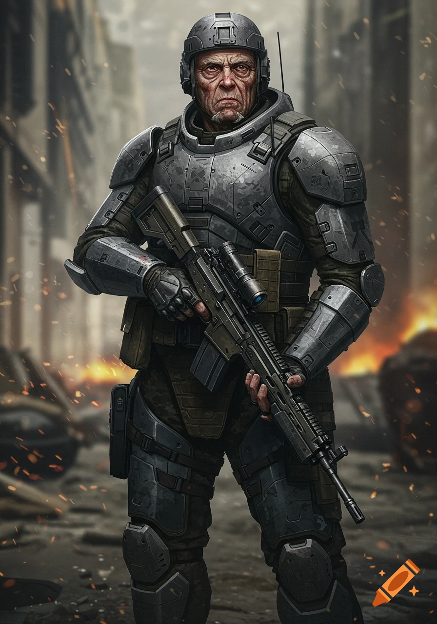 A grumpy old man in futuristic military armor holds a rifle in a war-torn city.