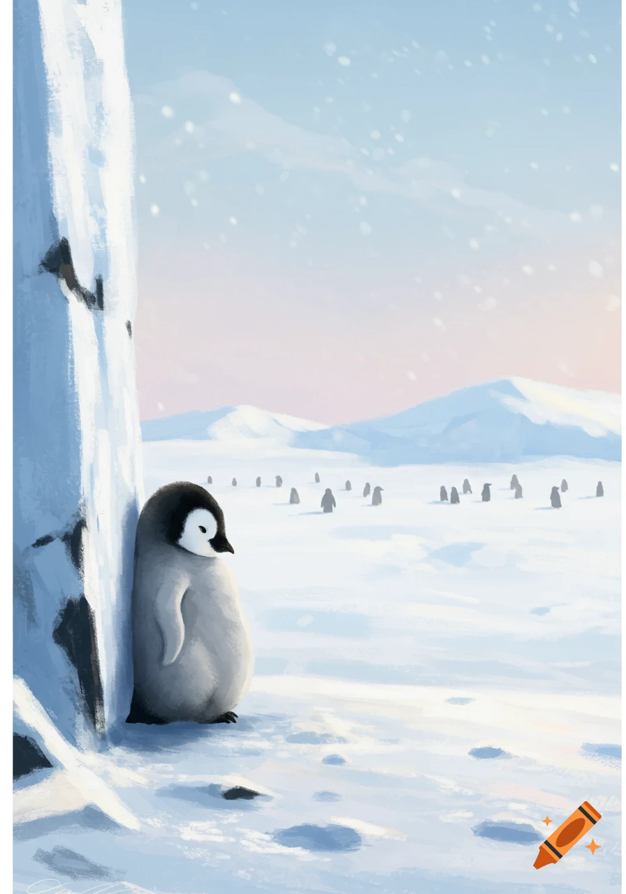A sad baby penguin leans against a tall snow-covered wall in a snowy landscape with other penguins and mountains in the distance.