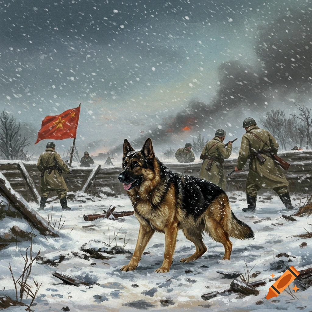 A painted scene of a German Shepherd dog standing in a snowy trench with soldiers and a Chinese flag in the background during battle.