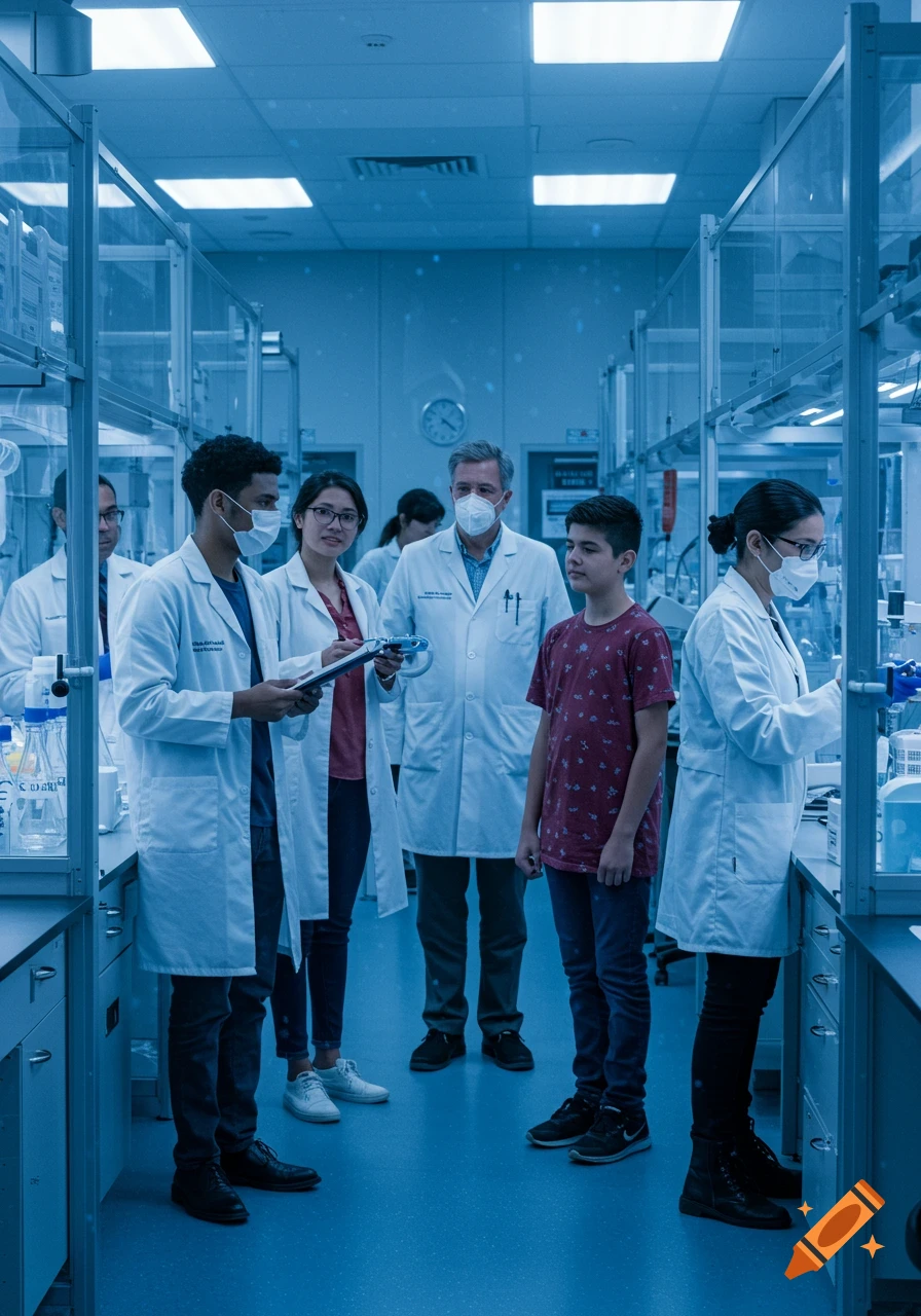 A diverse group of researchers in lab coats and masks interacting with two younger study participants in a futuristic blue-toned laboratory setting.