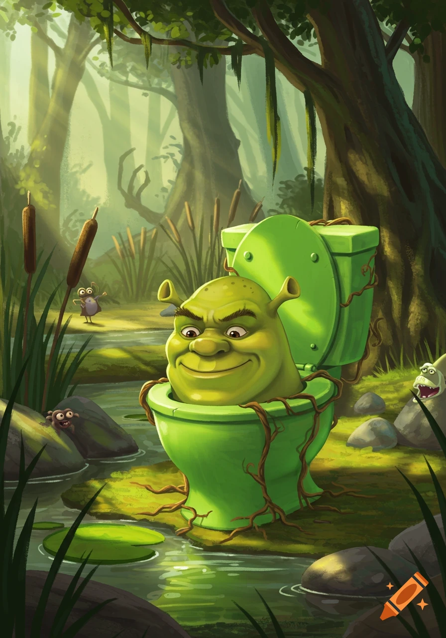 A cartoon illustration of Shrek's head emerging from a green toilet in a swamp, with small creatures nearby.