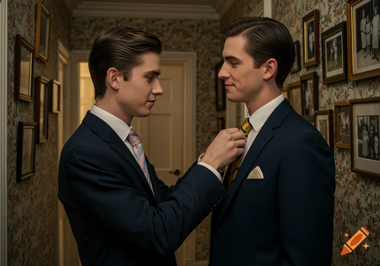 Two young men in suits, one adjusting the other's tie in a floral-wallpapered hallway with framed photos.