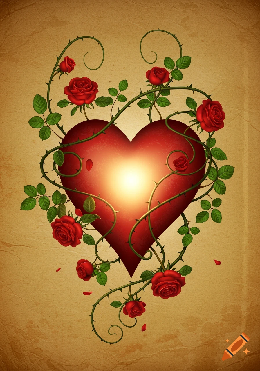A glowing red heart entwined with thorny green rose vines and vibrant red roses, against a textured parchment background.