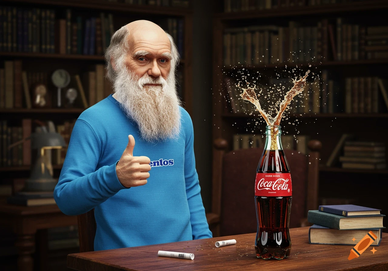 Photorealistic Charles Darwin in a Mentos shirt gives a thumbs up next to an exploding Coca-Cola bottle on a table in a library.