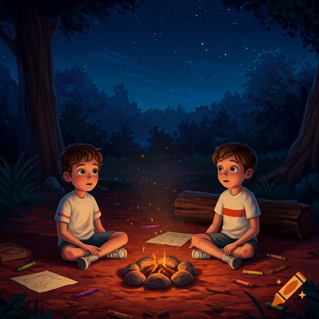 Two boys sit cross-legged around a campfire in a dark forest, drawing with crayons and looking up at the starry night sky.