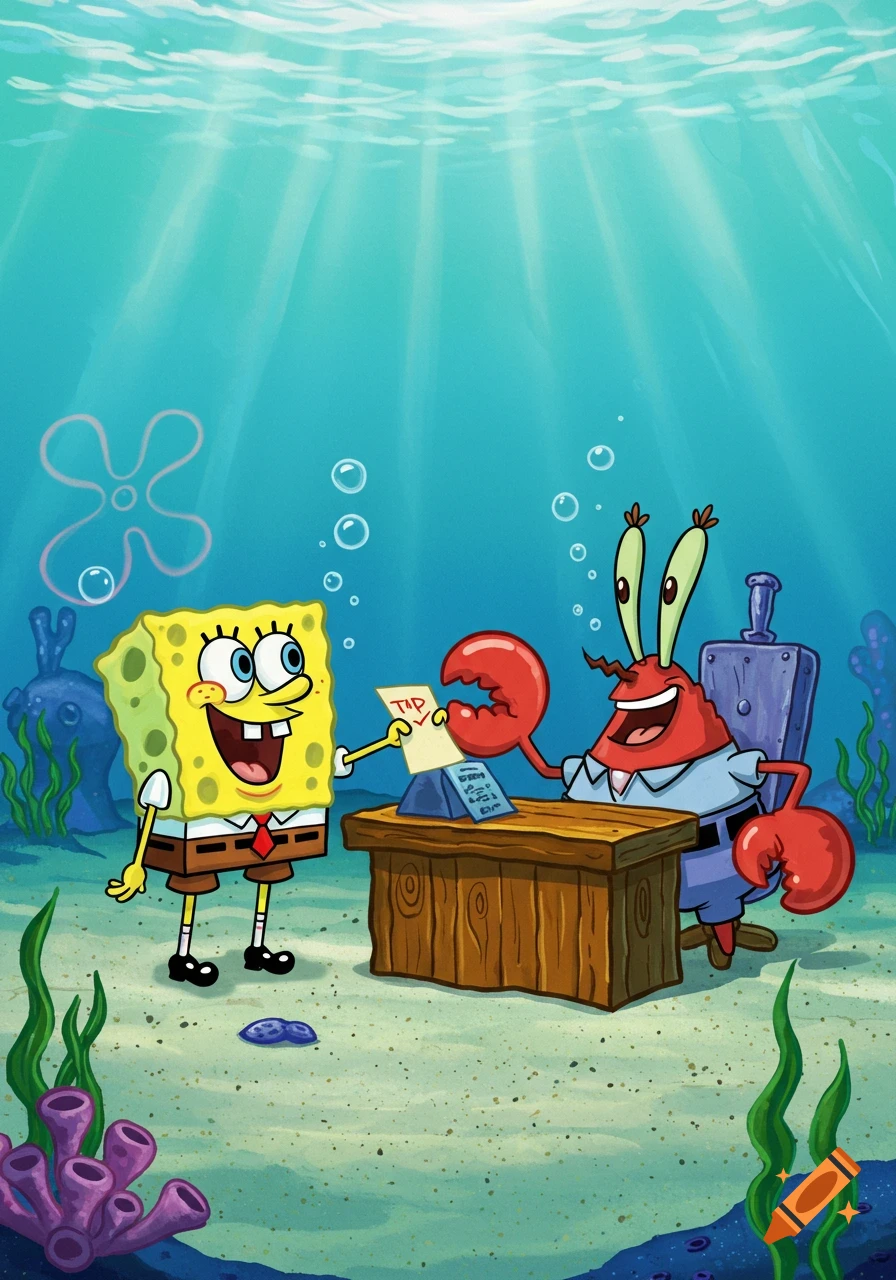 SpongeBob, a yellow sponge, happily hands a note to a smiling Mr. Krabs, a red crab, who sits at a wooden desk underwater in cartoon style.
