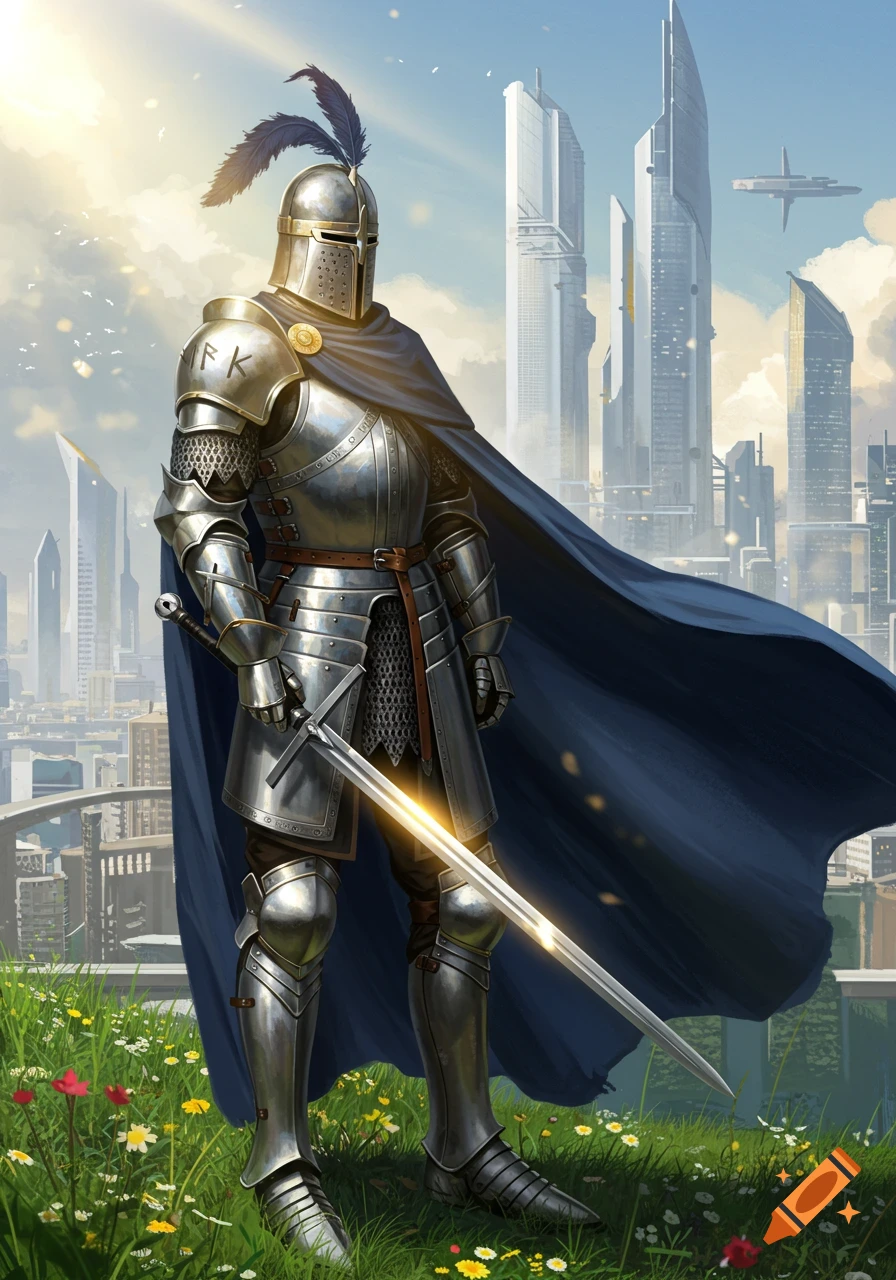 A knight in shining armor with a blue cape stands in a grassy field, holding a sword, with futuristic skyscrapers behind him.