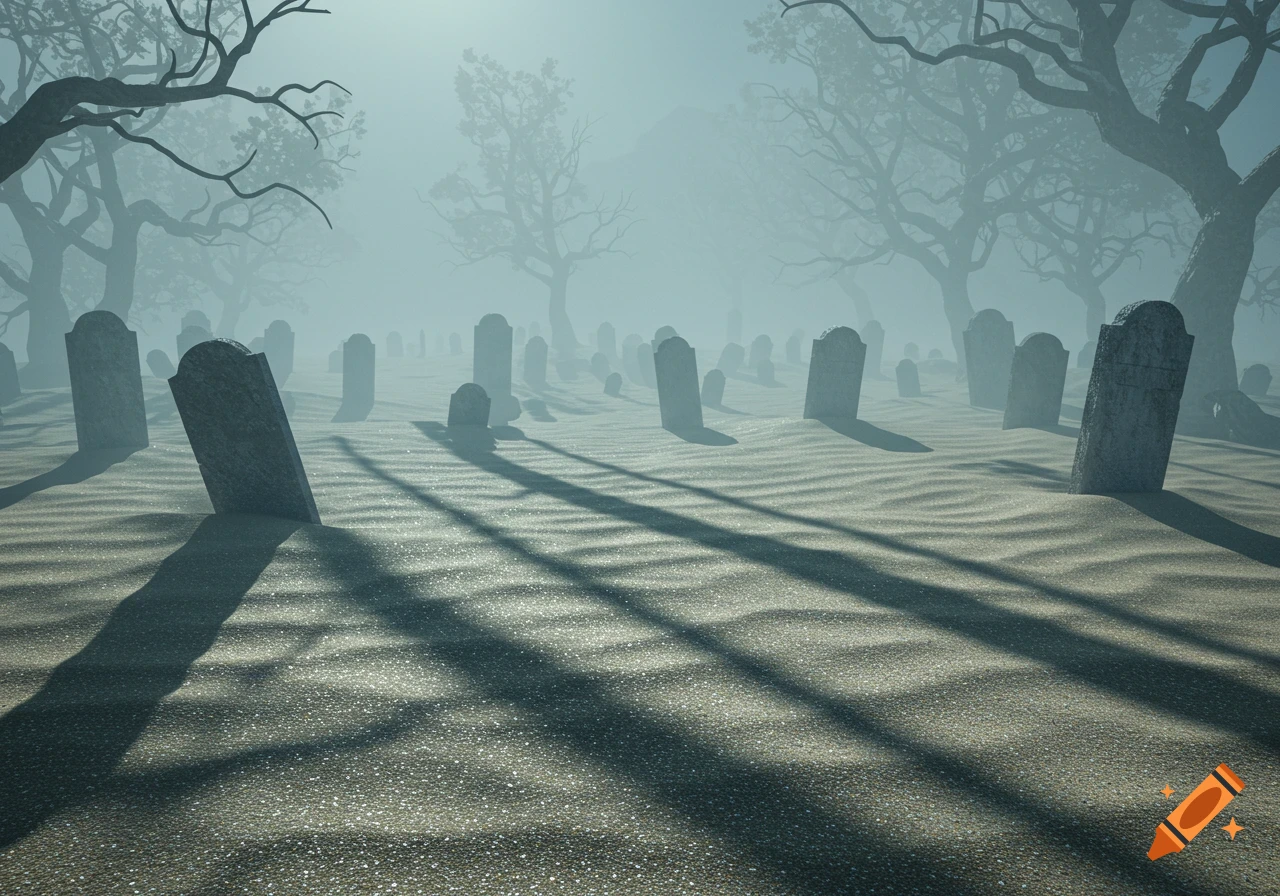 A foggy graveyard scene with many gravestones and bare trees, casting long shadows over rippled sand.