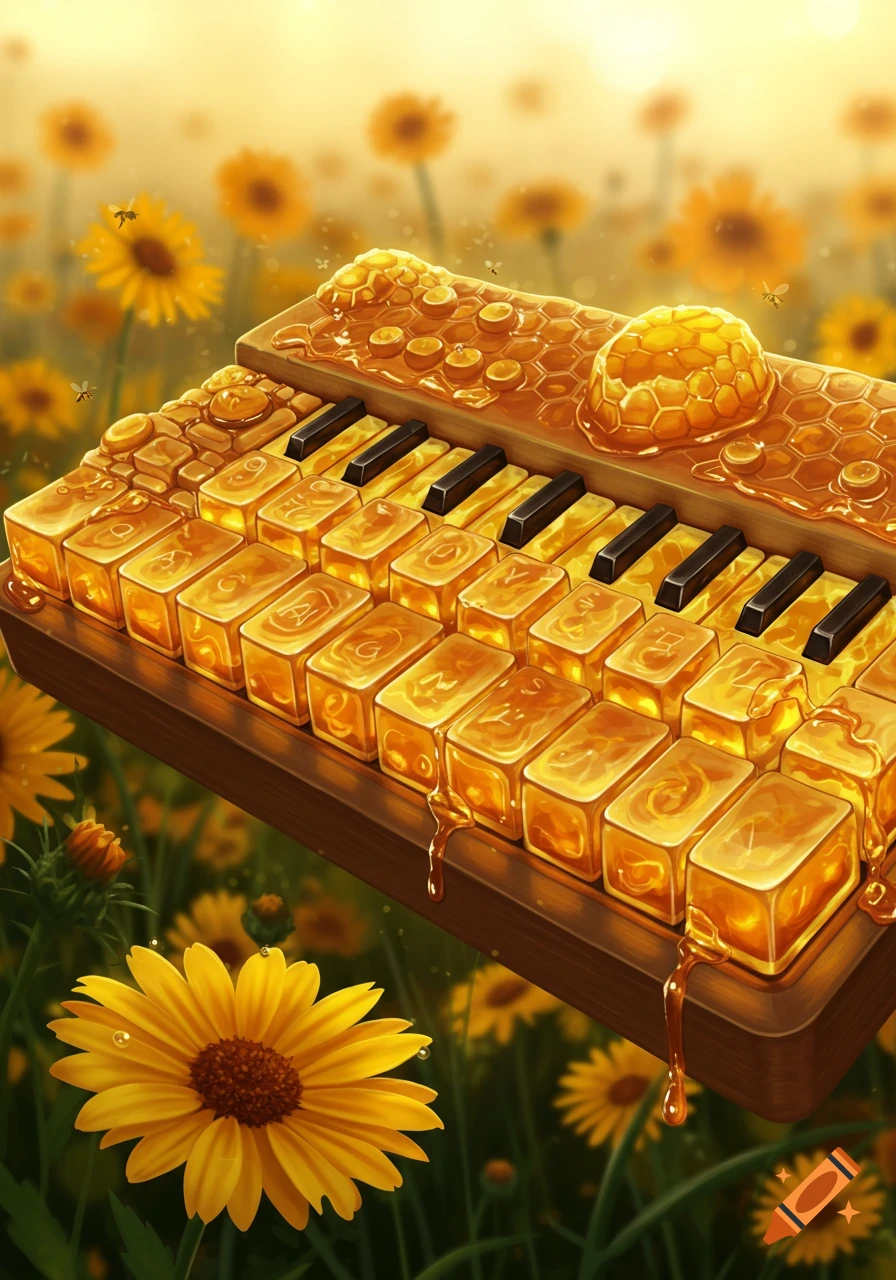 A close-up of a keyboard with honey-filled keys and a honeycomb top, set in a sunny field of sunflowers with bees flying around.