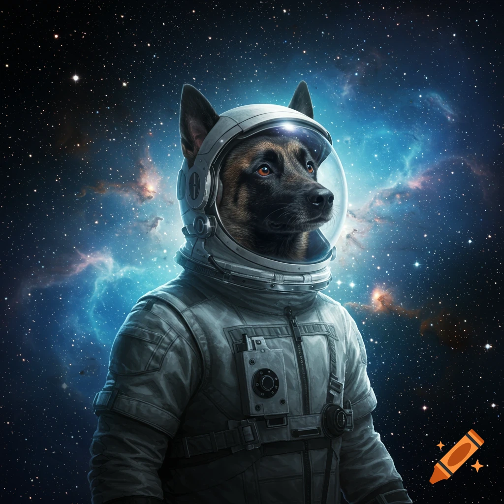 A realistic Belgium Malinois dog wearing an astronaut suit floats in a starry space filled with blue nebulas.