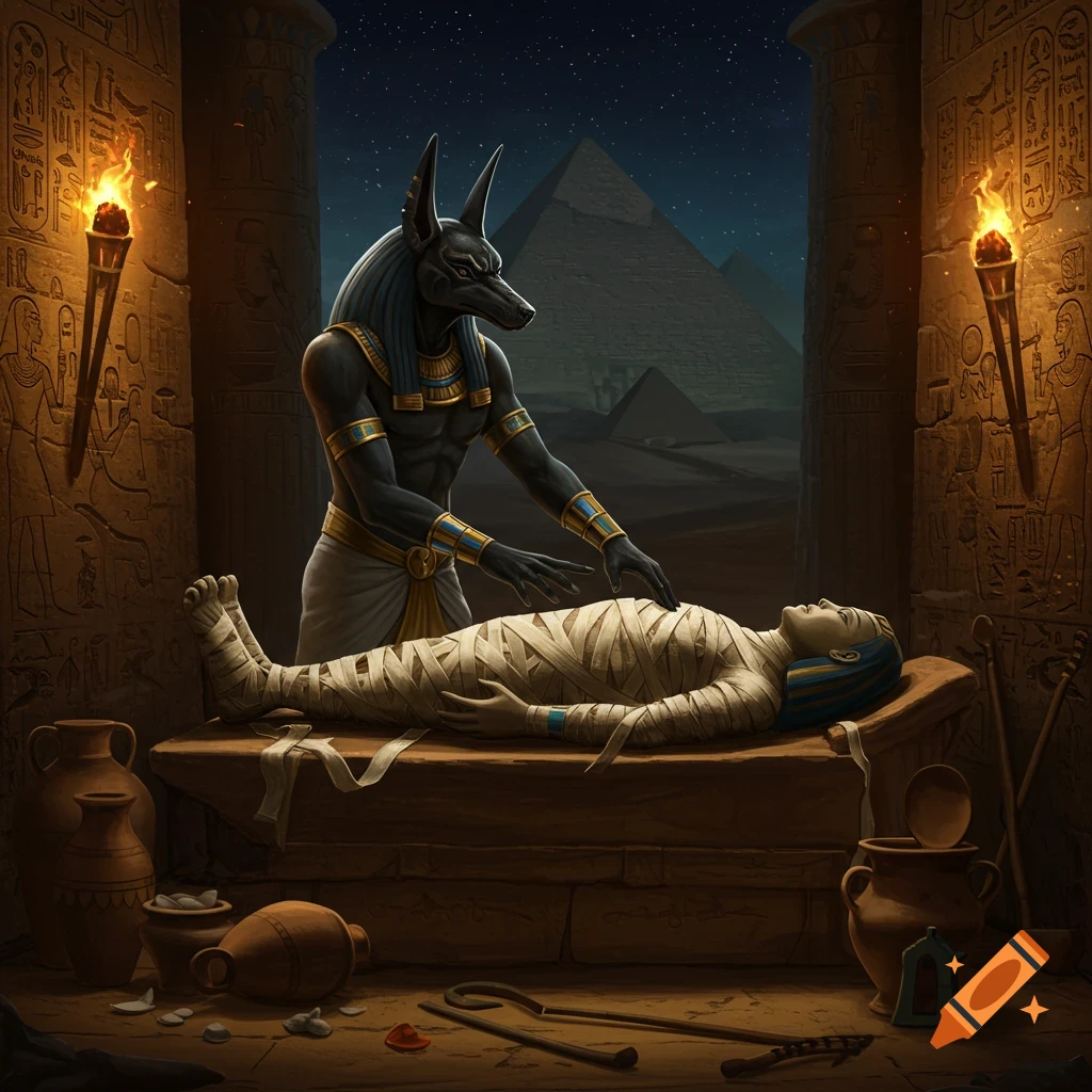Anubis mummifies a body in an ancient Egyptian tomb, illuminated by torches. Pyramids under a starry night sky.