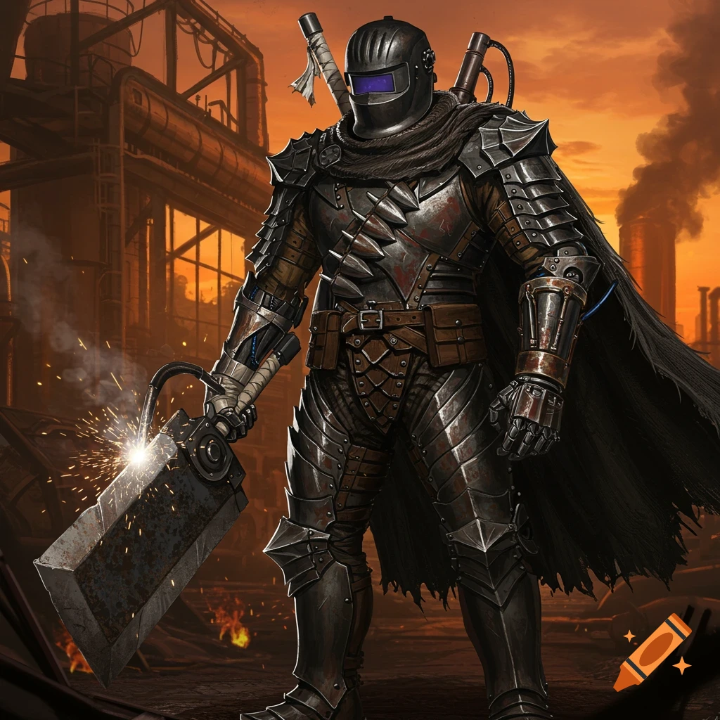 Heavily armored warrior in a welding helmet, wielding a large sword with sparks, stands against a ruined industrial factory at sunset.
