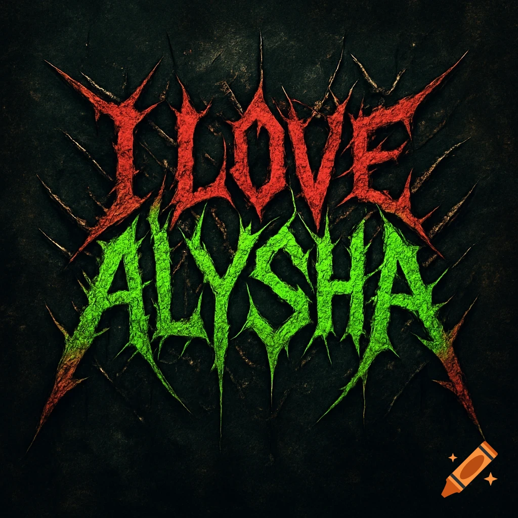 Grindcore logo with jagged red text "I LOVE" and green text "ALYSHA" on a dark, textured background.