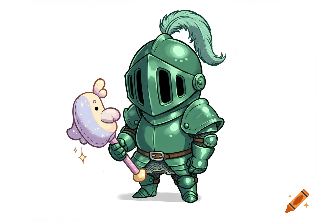 A cartoon knight in green armor holds a pink and purple plush weapon on a white background.