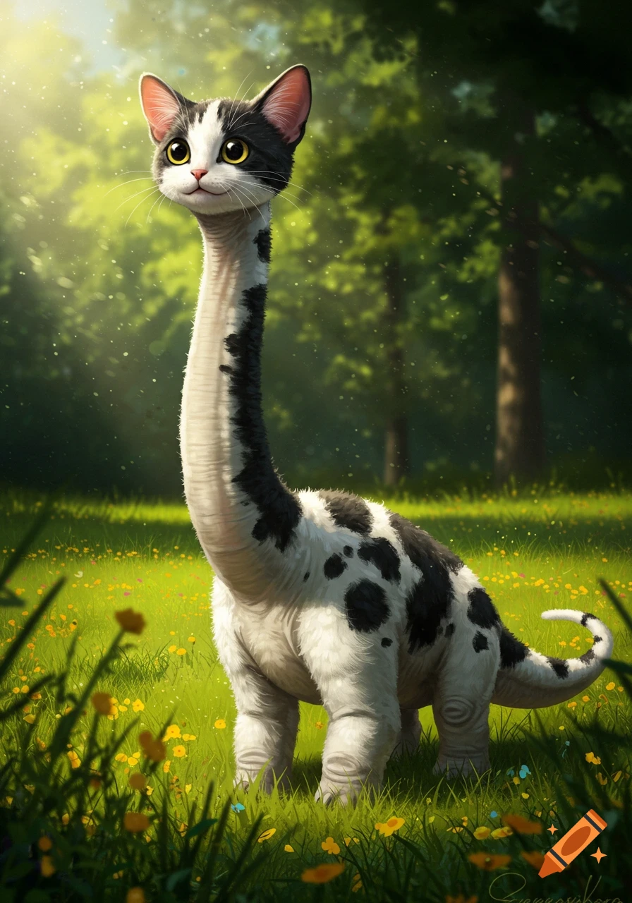 A cute, long-necked cat-dinosaur hybrid with black and white spotted fur stands in a sunny, grassy field with yellow flowers.