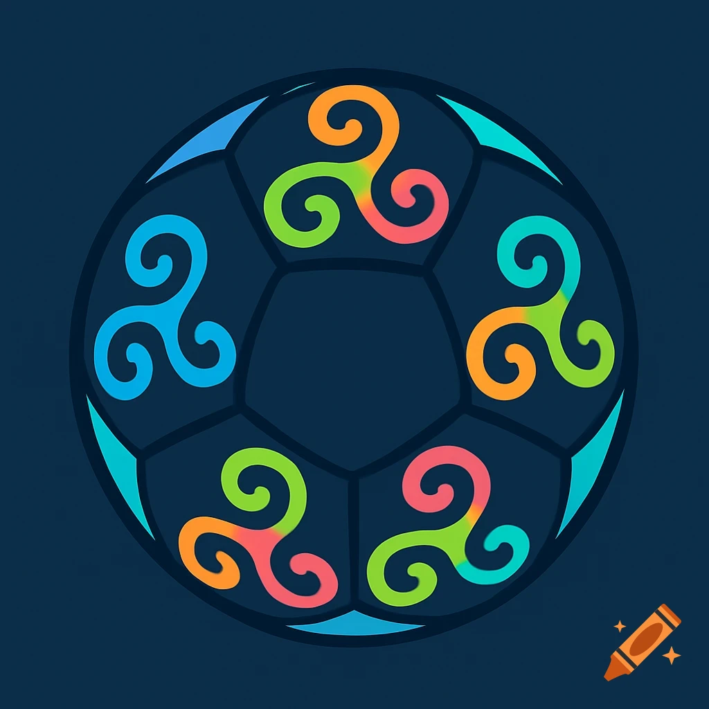 Dark blue soccer ball with colorful swirling triskelion symbols in a flat graphic design style.