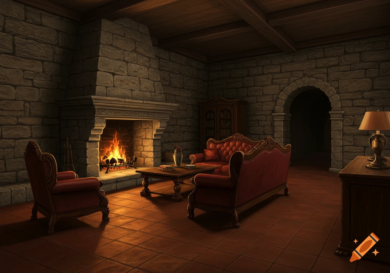 Digitally painted cozy classic living room with stone walls, a lit fireplace, red velvet furniture, wood beams, and tiled floor.