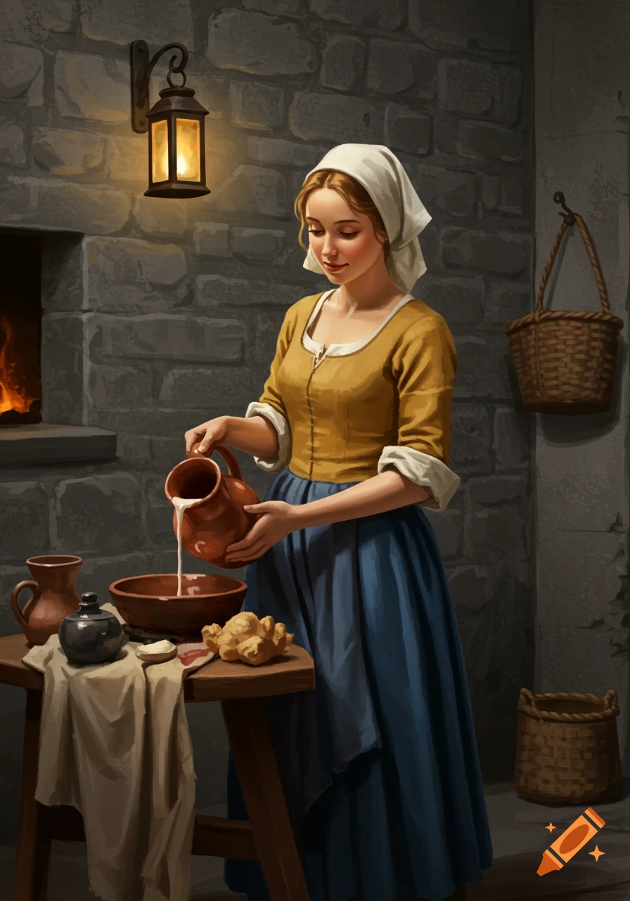 A woman in a medieval setting pours milk from a jug into a bowl on a wooden table, illuminated by a wall lantern.