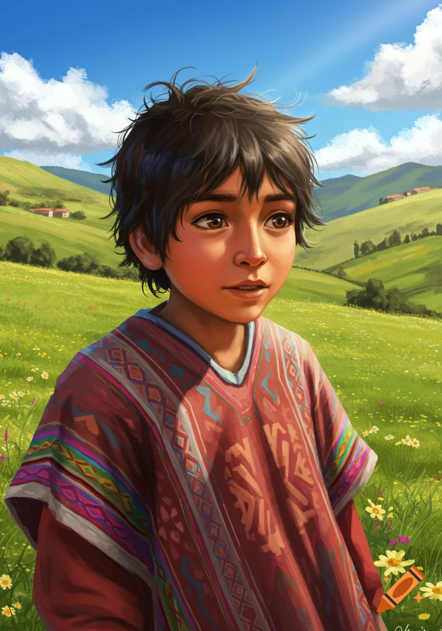 A young boy with dark hair and a colorful poncho stands in a sunny green field with hills in the background, illustrated art.