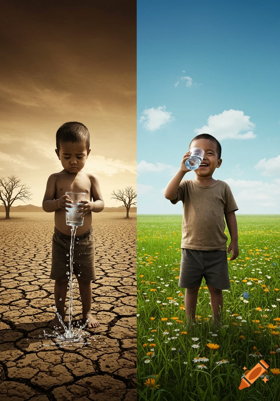 A split image showing a sad boy letting water spill onto cracked, dry earth, and a happy boy drinking water in a lush field of flowers.