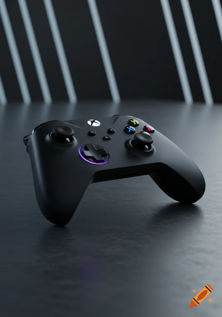 A black Xbox controller with a glowing purple D-pad on a dark surface, with vertical light strips in the background.