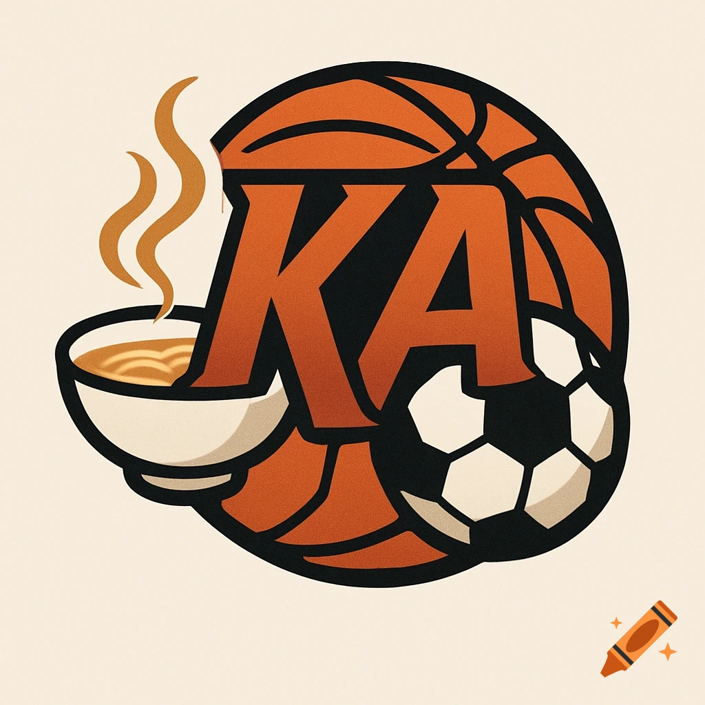 A graphic logo featuring an orange basketball shape, the letters KA, a bowl of ramen, and a soccer ball.