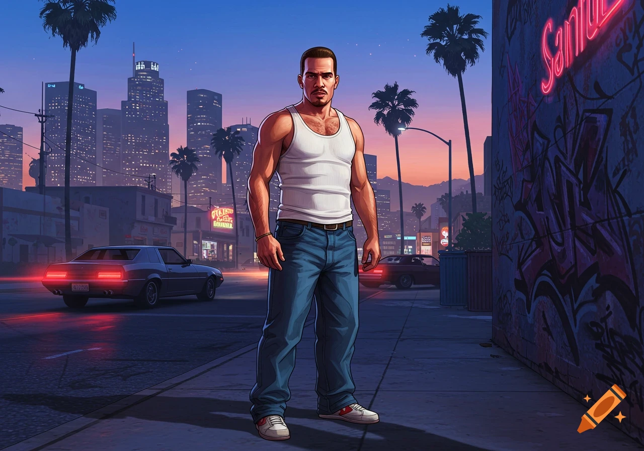 A stylized character resembling Carl Johnson from GTA San Andreas stands on a city street at dusk, with skyscrapers and palm trees.
