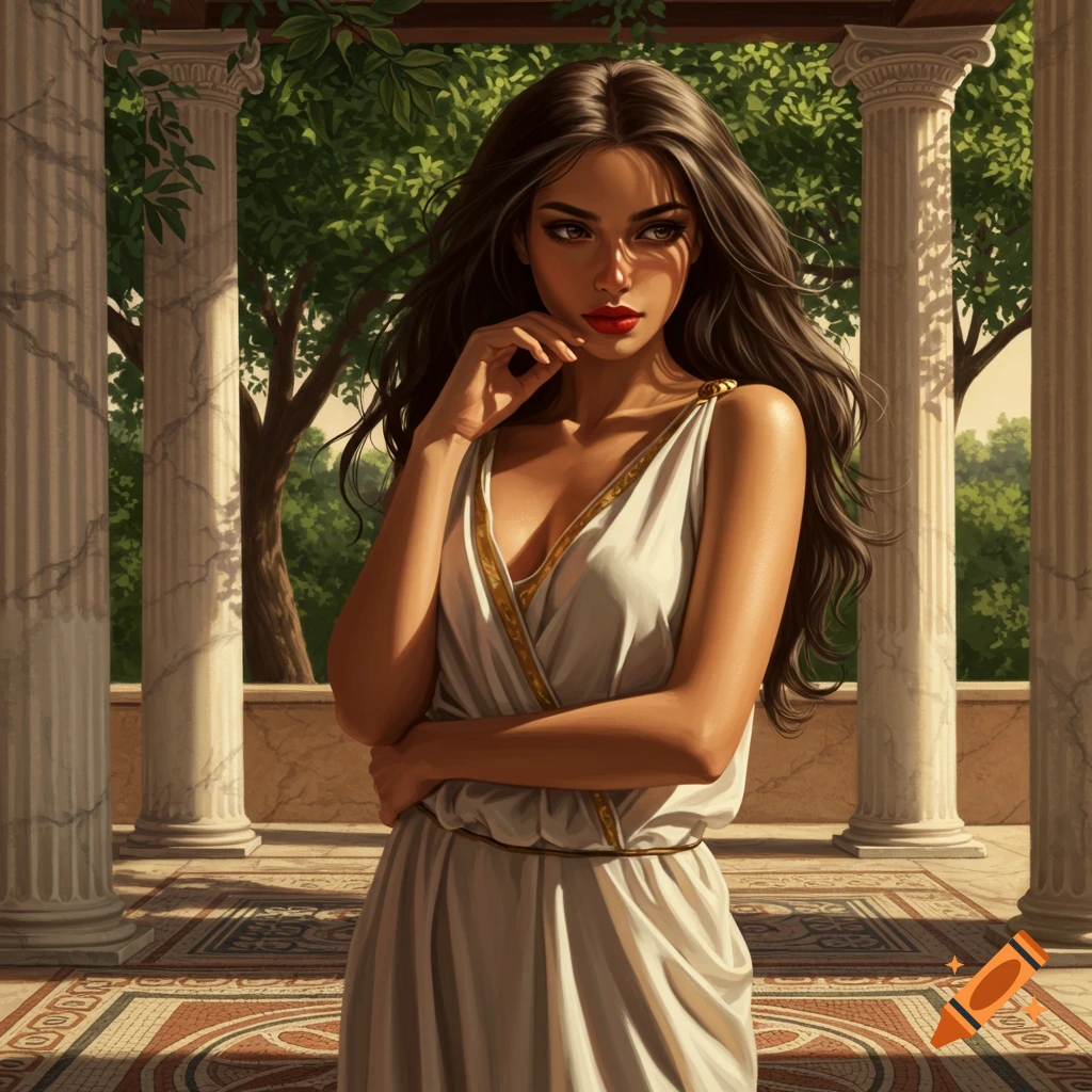 A young Roman woman with long dark hair and red lips stands in a classical courtyard with pillars and trees.