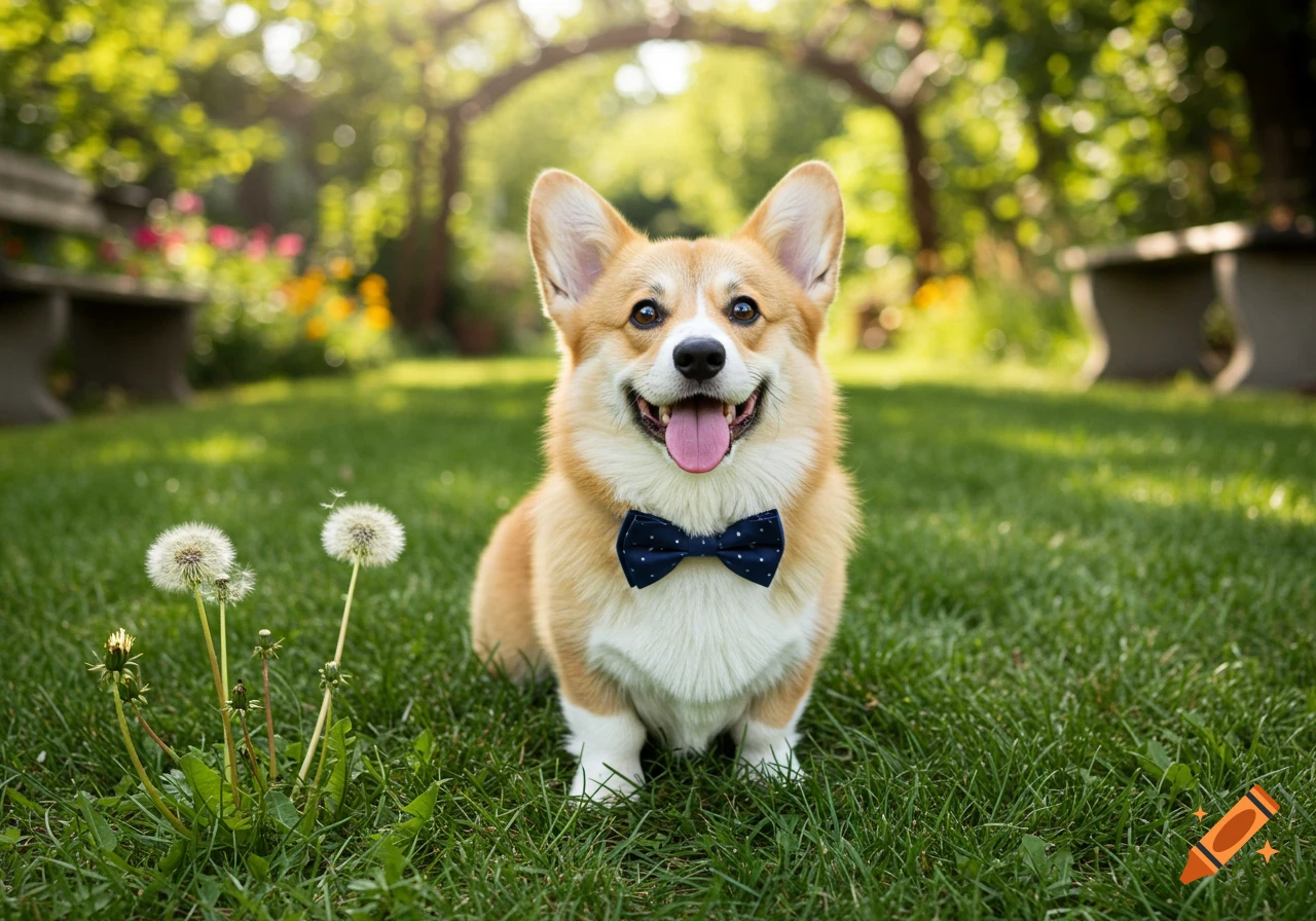 A happy corgi wearing a blue bow tie sits in a sunny green garden with dandelions.