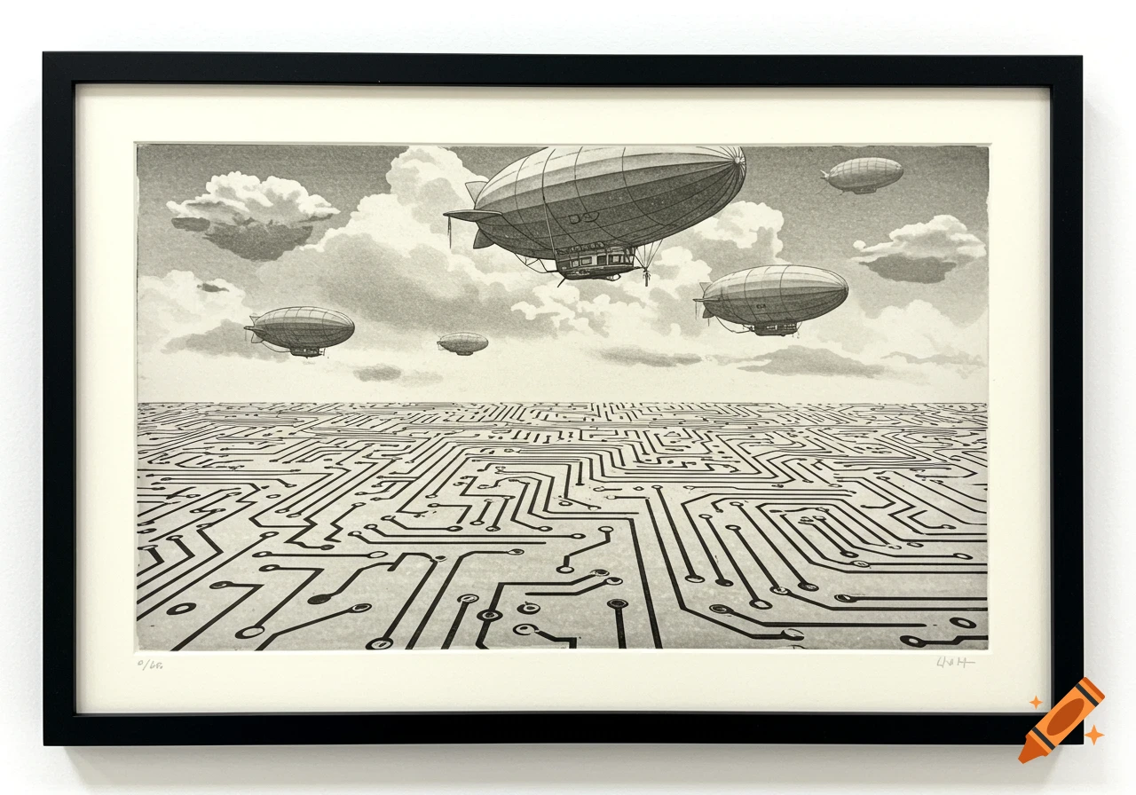 A framed monoprint illustration of blimps flying over a vast landscape of circuit board patterns under a cloudy sky.