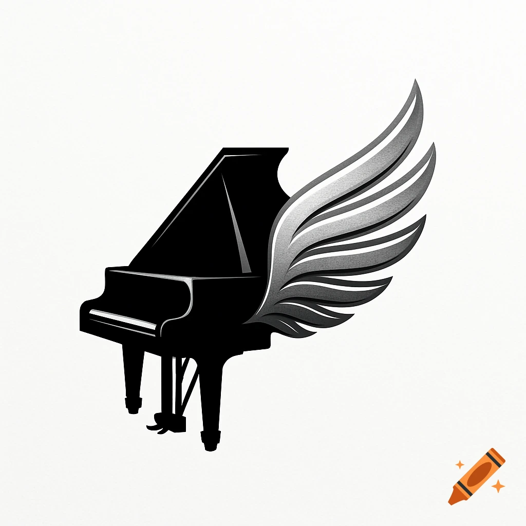 A stylized black grand piano with a large, feathered grey wing extending from its side, against a white background.