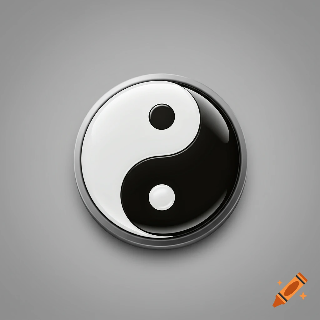 A glossy, stylized Yin Yang symbol resembling a button, centered on a gray background.