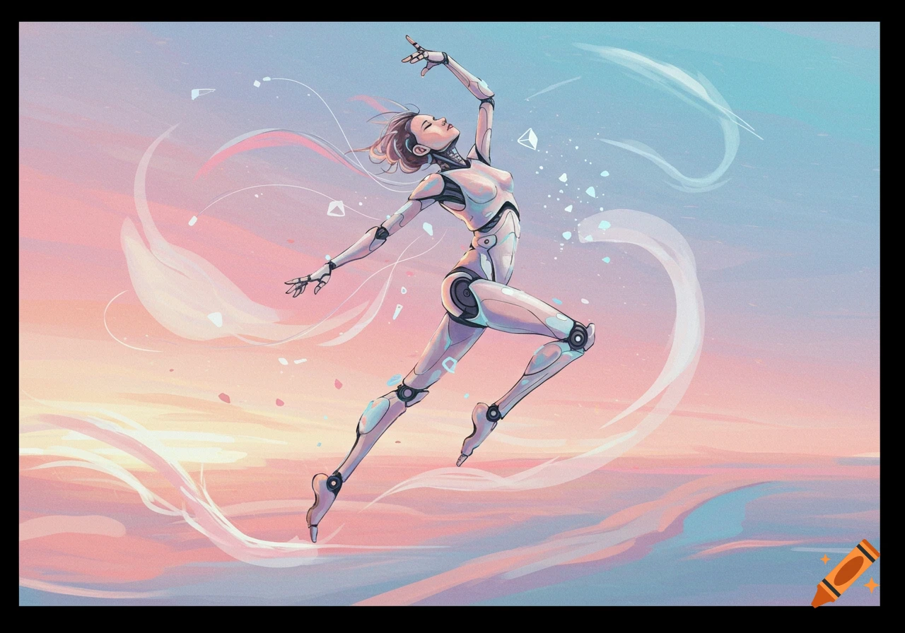 A stylized humanoid robot with a female form floats gracefully against a pastel pink and blue sky, with abstract swirling lines.