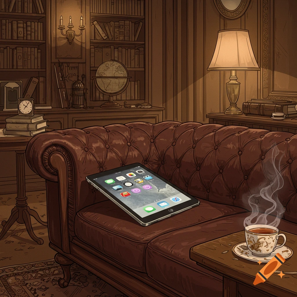 Comic illustration of an iPad on a brown tufted sofa next to a steaming cup of tea in a dim, wood-paneled study.
