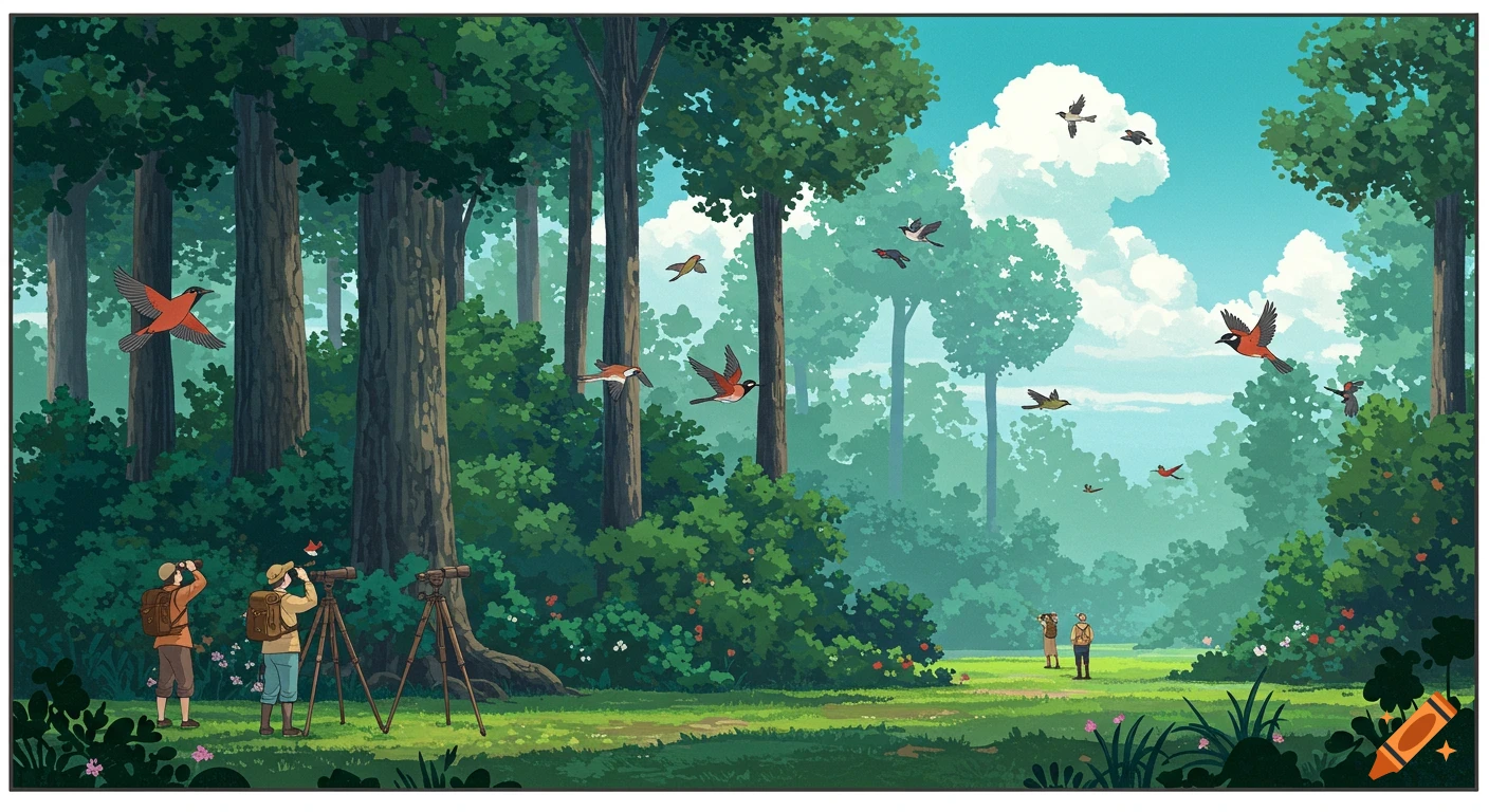Two people birdwatching with binoculars and telescopes in a lush green forest with many flying birds, in a stylized illustration.