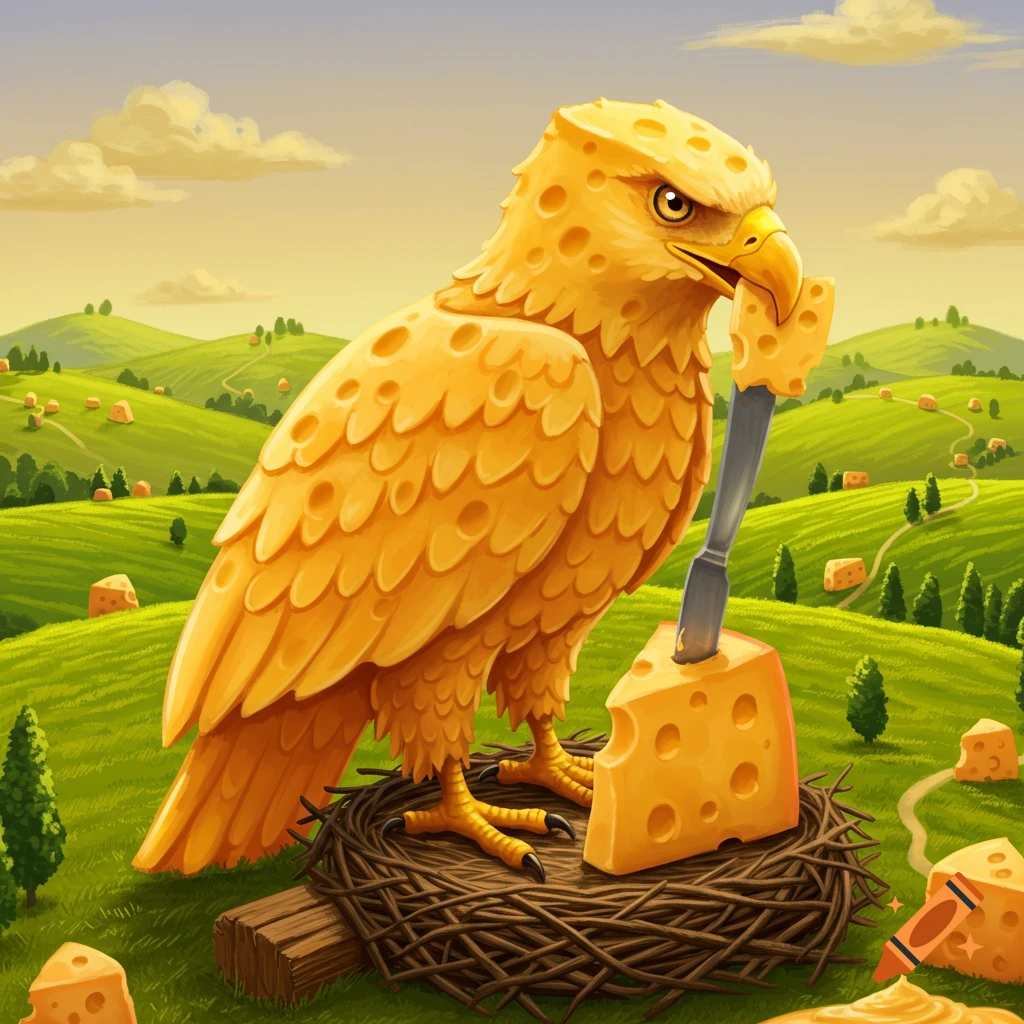 A cartoon eagle made of cheddar cheese eats a wedge of cheese in a cheesy green landscape.
